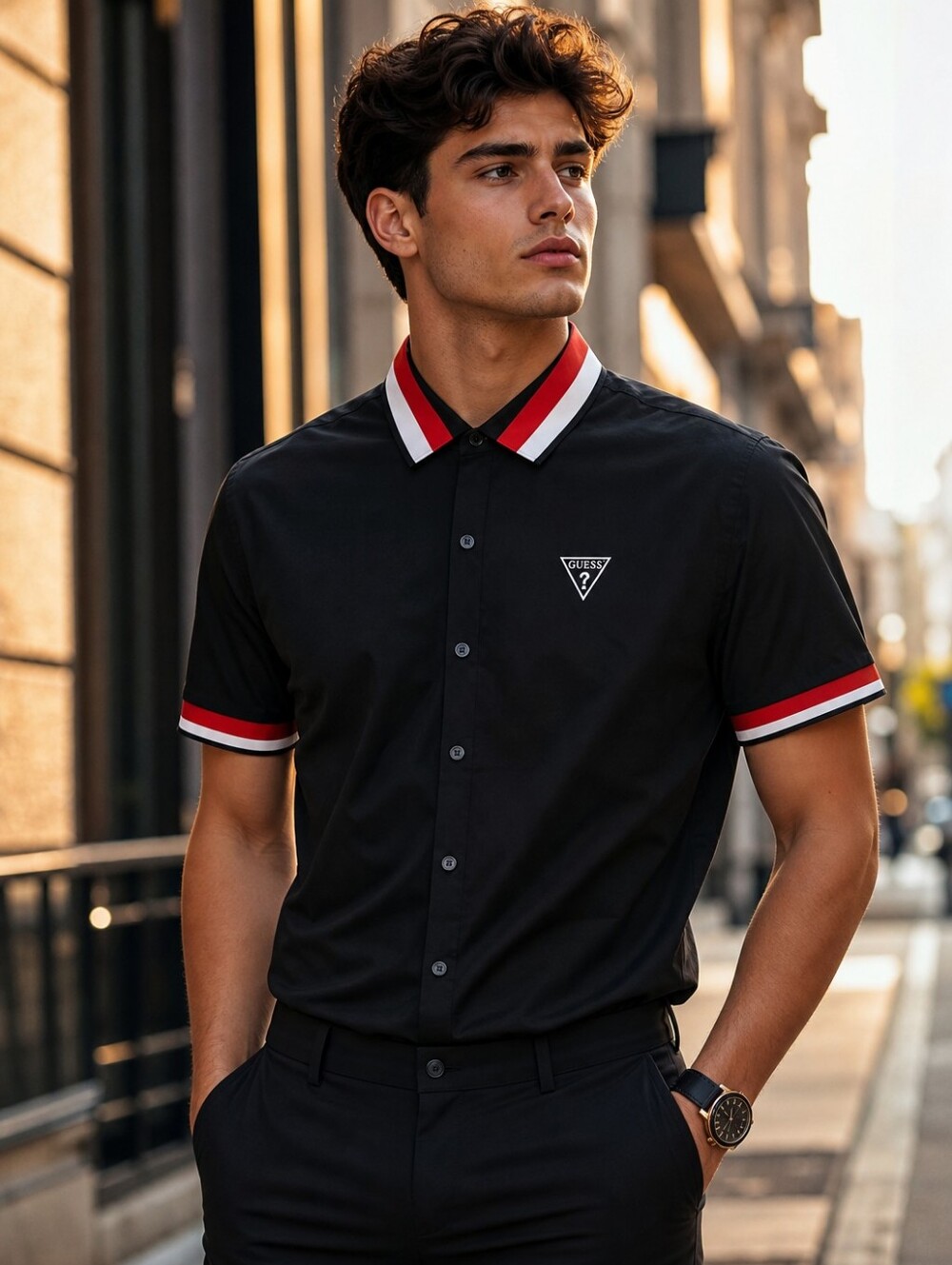 GUESS Black Contrast Trim Button-Up Shirt XL (Runs L) | Logo Collar Streetwear